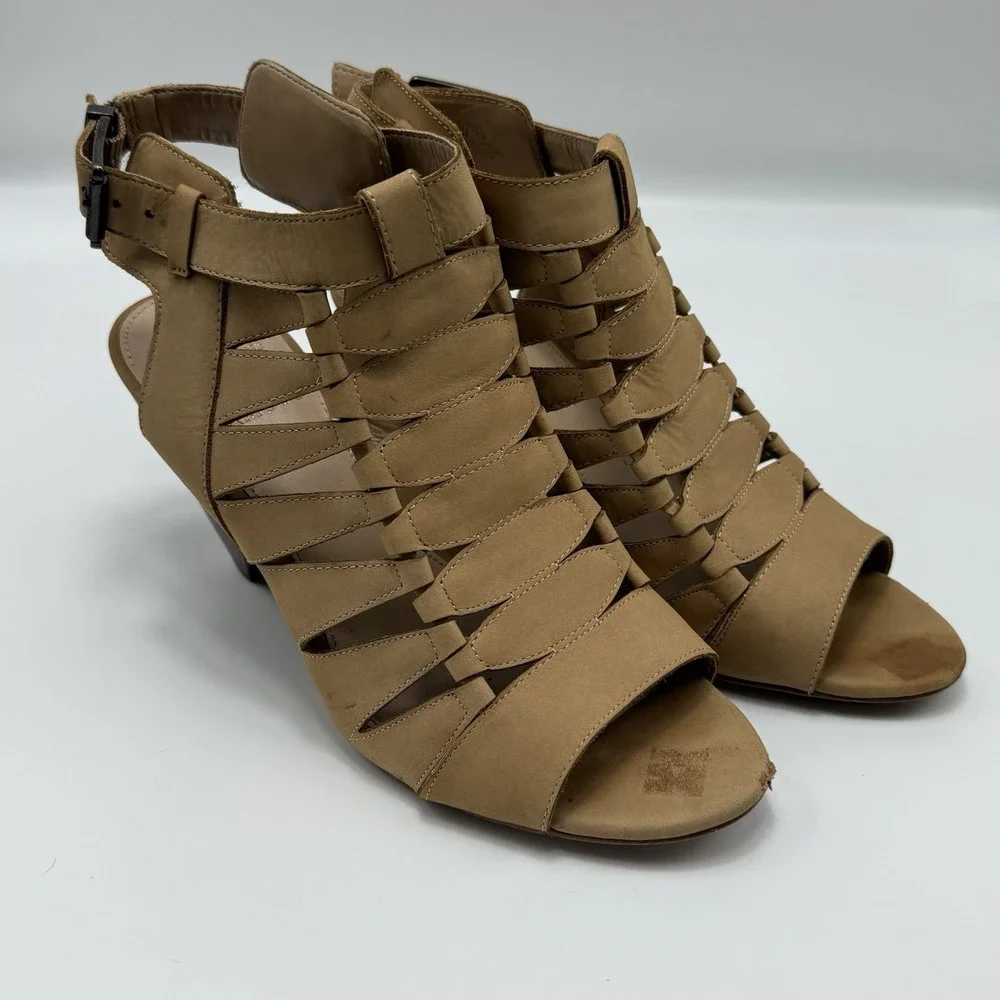Vince Camuto Womens 9‎ Suede Leather Peep Toe Shoes High Heel Block Buckle Strap